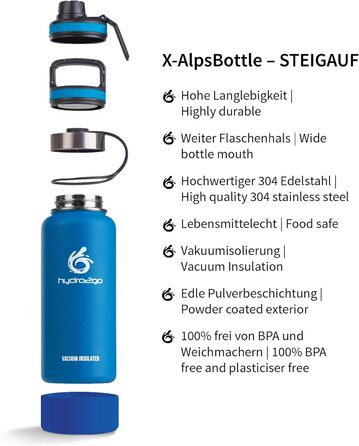 Герметична термос-пляшка з нержавіючої сталі hydro2go X-AlpsBottle 1 л, вакуумна ізоляція, 3 кришки, подвійні стінки, спортивна пляшка для напоїв, блакитна