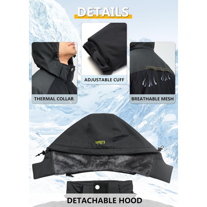 Зимова куртка Ibin для чоловіків: тепла, функціональна, водонепроникна, дихаюча. Ідеальна для катання на сноуборді, походів та активного відпочинку на природі. Розмір L, чорно-сіра.