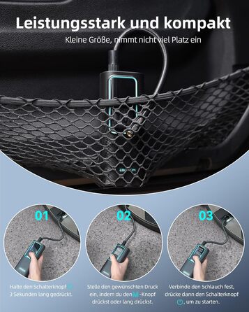 Електрична повітряна помпа 10.3 Bar з акумулятором, компресор Mini 6000mAh & 12V DC, портативна помпа для авто, мотоцикла, велосипеда з LED-підсвічуванням та автоматичним відключенням, блакитна I7