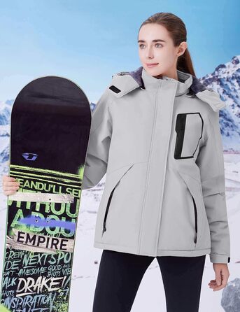 Жіноча водонепроникна куртка WULFUL для сноубордингу та катання на лижах, вітрозахисна зимова куртка з знімним капюшоном (XL, сірий)
