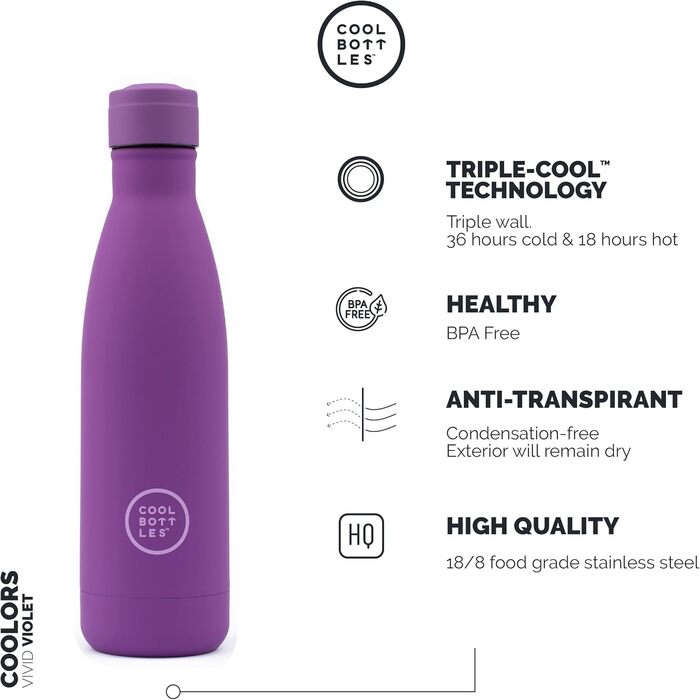 Термос-пляшка з нержавіючої сталі Cool Bottles Vivid Violet 350 мл, зберігає холод до 36 годин і тепло до 18 годин, BPA Free, фіолетова