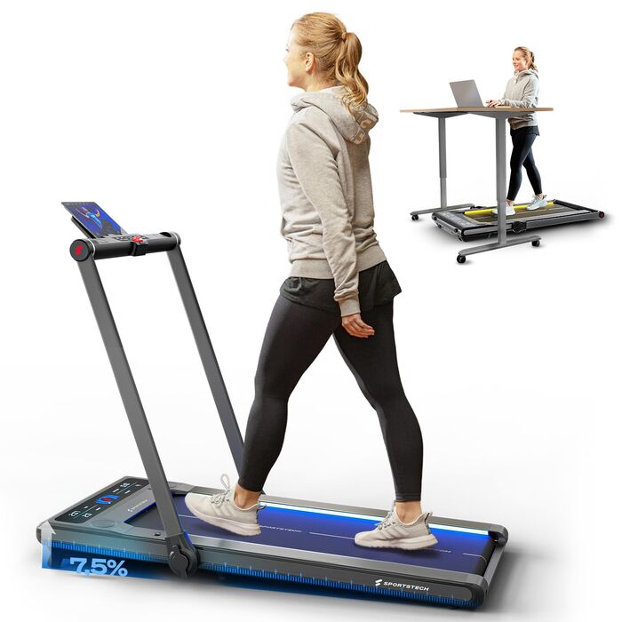 Складана бігова доріжка Sportstech sWalk Plus 2in1 Walking Pad, до 12 км/год, з регулюванням нахилу, Bluetooth App, LED-дисплеєм, двигун 3.5 к.с., до 130 кг, чорна