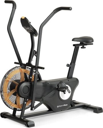 Велотренажер SportPlus Profi Air Bike з повітряним опором, сумісний з додатком, для HIIT, розумний комп'ютер, до 135 кг, чорний/жовтий
