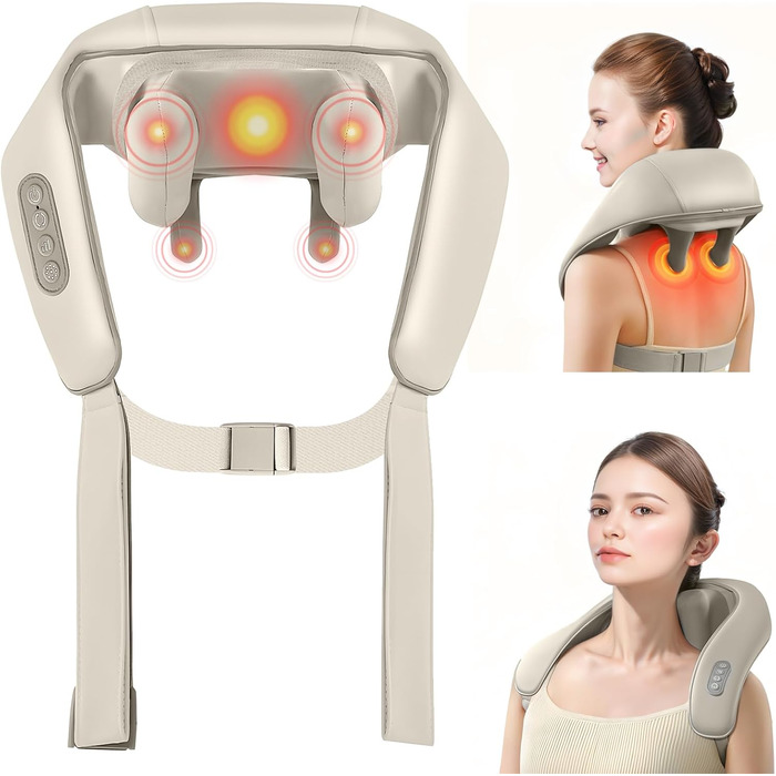 Електричний масажер для шиї та плечей Shiatsu з підігрівом, 4D масаж, бездротовий, для чоловіків та жінок