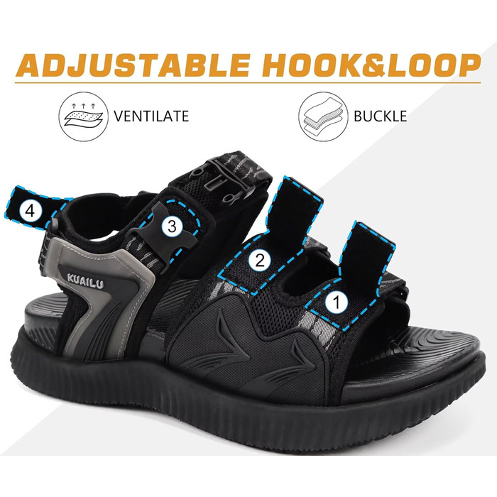 Чоловічі трекінгові сандалі KuaiLu: зручні ортопедичні сандалі для піших прогулянок та активного відпочинку (48 EU, чорний)