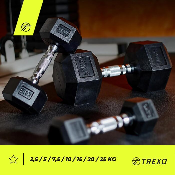 Гантель TREXO Hexagon 7,5 кг, прогумована, чавунна, для силових тренувань вдома, ергономічна ручка