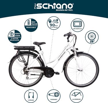 Електровелосипед F.lli Schiano E-Ride 28'' для трекінгу, знімний акумулятор 36В 10.4А·год, мотор 250Вт 40Нм, для чоловіків і жінок, білий