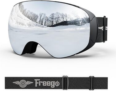 Снігові окуляри без рами для дорослих, широке поле зору, лінзи UV400 Anti-Fog, сноуборд окуляри для чоловіків та жінок, срібні