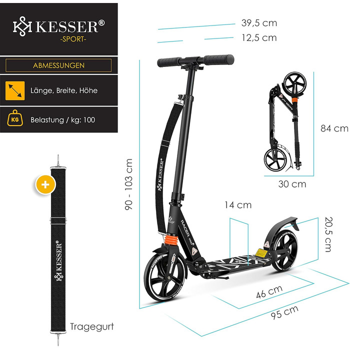 Самокат KESSER Cityroller Pro-S, колеса 205 мм, PU, складаний, з амортизацією, регулювання висоти, для дорослих і дітей