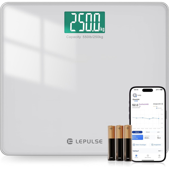 Розумна вага Lepulse S5 до 250 кг, вимірювання ваги і ІМТ, синхронізація з додатком через Bluetooth, широка платформа, срібляста