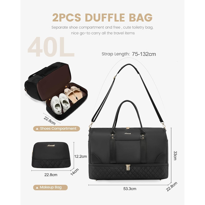 Сумка-мішок LOVEVOOK для жінок: дорожня/спортивна сумка-мішок з відділенням для взуття та мокрих речей, 2 шт. (40л, чорний)