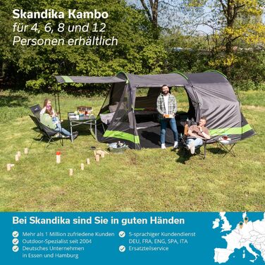 Намет Skandika Kambo Tunnelzelt для 4-8 осіб | Великий сімейний намет з темною спальною кабіною, водонепроникний (3000 мм), 3 входи, сонцезахисний тент, тамбур | Намет для кемпінгу, просторий намет (антрацит/зелений, 8 місць)