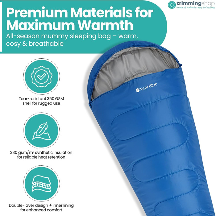 Спальний мішок Mumienschlafsack для дорослих - легкий, компактний, водонепроникний з капюшоном, 220x85см, теплий, пральний, для кемпінгу, походів, подорожей, зелений (королівський синій)