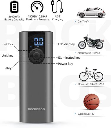 ROCKBROS Електричний насос-автокомпресор 2600mAh, 150PSI для авто, мото, велосипедів, м'ячів з LED та датчиком тиску