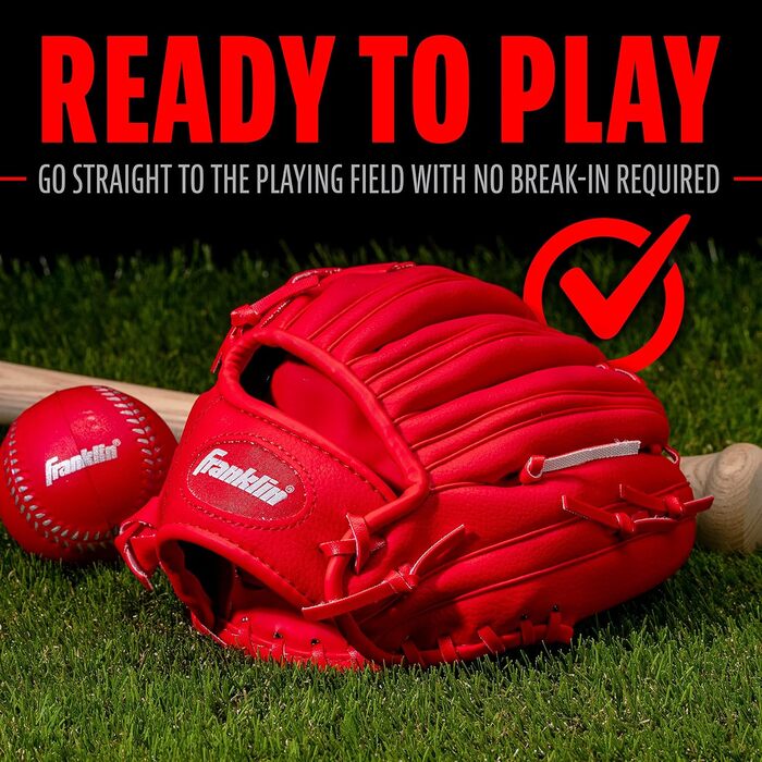 Рукавиця для бейсболу Franklin Sports RTP Kinder Teeball (ліва рука, червона) + М'яч - Дитячий набір для ті-болу для хлопчиків та дівчаток (24,1 см)
