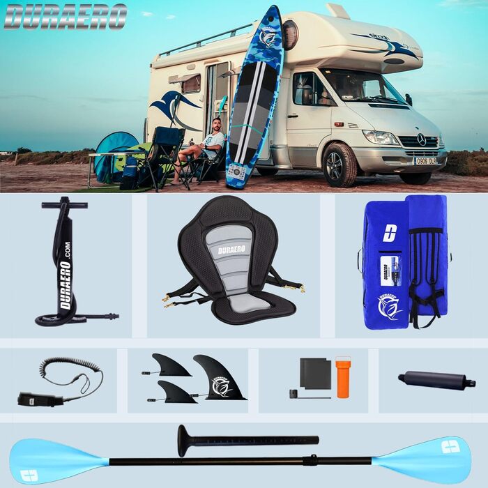 Надувний SUP-борд для веслування стоячи з каяковим сидінням, 330x76x15 см, вантажопідйомність до 150 кг, кріплення Cam, інтегрована підставка для ніг, 3 плавники, регульоване дволопатеве весло, повний комплект аксесуарів, блакитний камуфляж