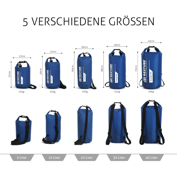 Restube Drybag 30L: Водонепроникний мішок для спорядження | Преміум-якість, для подорожей, активного відпочинку та водних видів спорту | 100% водонепроникний, міцний, блакитний