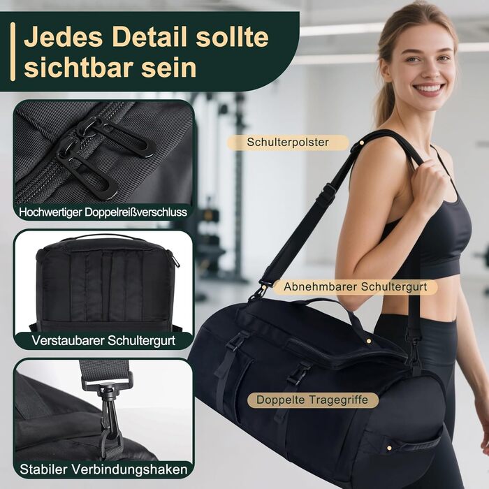 Спортивна сумка для чоловіків та жінок, 30L. Рюкзак для спорту з відділенням для взуття та мокрих речей. Ідеально для плавання, йоги, футболу. Чорний колір.