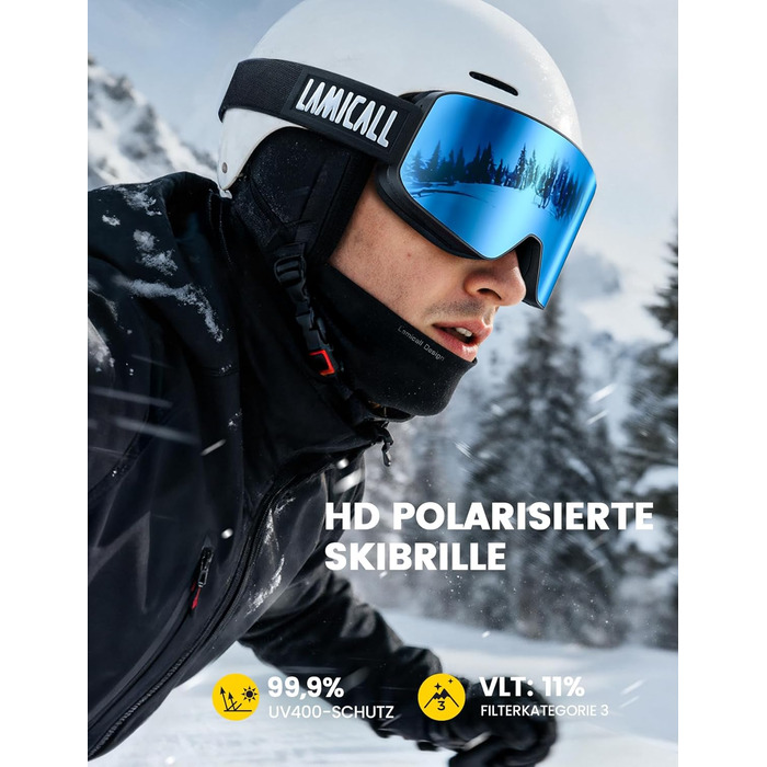 Ламікал - скі-маска для жінок та чоловіків, сноуборд маска з антизапітніючою технологією, дзеркальна, для носіїв окулярів, захист від сонця UV400, чорний каркас, блакитне скло (VLT: 11%)