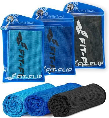 Набір охолоджуючих рушників Fit-Flip 3 шт. – для фітнесу та спорту – мікрофібра, охолодження шиї – Airflip, Cool Ice Towel – 100x30 см, 3 шт. (синій, блакитний, чорний)