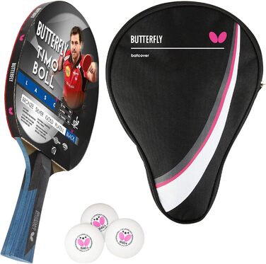 Професійна ракетка для настільного тенісу Butterfly Timo Boll Black з ITTF сертифікованим накладом Wakaba, анатомічна ручка, комплект з чохлом та 3 м'ячами