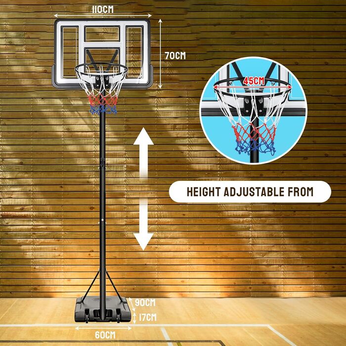 Баскетбольний кошик вуличний з регульованою висотою 230-305 см, стійка з задньою панеллю 110x70 см для подвір'я, саду, гаража - білий