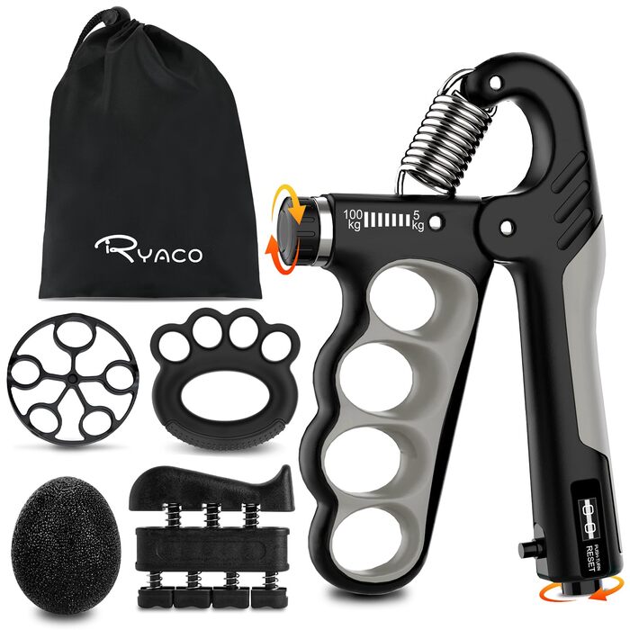 Ryaco Handtrainer: Розширювач для пальців та рук (5-100 кг), 6 предметів - тренажер для кисті, силовий хват, м'ячик для зняття стресу