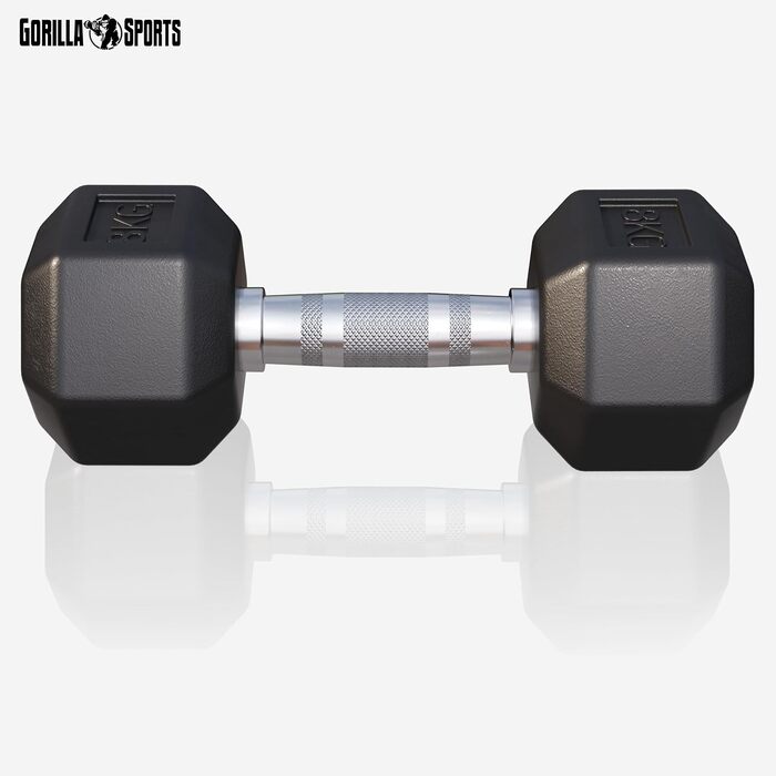 Гантелі шестигранні GORILLA SPORTS 8 кг – гумові, гантель для фітнесу, силових тренувань, рифлений хромований гриф