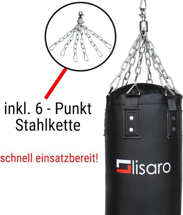 Боксерський мішок Lisaro Premium 120x35 см, 30 кг, наповнений/порожній, для боксу, MMA та єдиноборств, з 6-точковим сталевим ланцюгом, чорний/білий