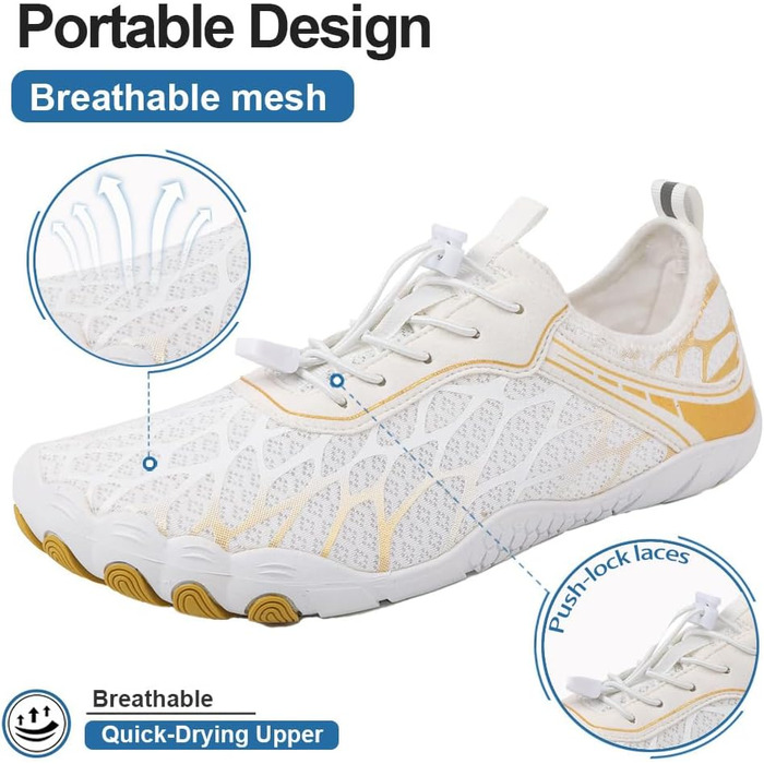 Взуття Barfuss для жінок та чоловіків: водяні, плавальні кросівки, дихаючі, швидковисихаючі, 36-46 EU, білий/золотий