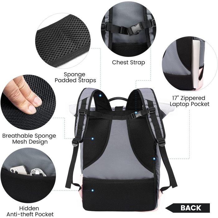 Жіночий водонепроникний рюкзак LOVEVOOK Rolltop з відділенням для взуття та ноутбука 17 дюймів, для подорожей, школи, спорту, сіро-рожевий
