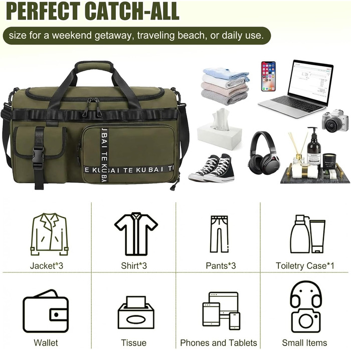 Спортивна сумка для подорожей та фітнесу 65Л з відділенням для взуття та вологих речей, велика дорожня сумка для жінок та чоловіків (армійний зелений)