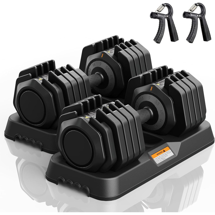 Набір гантелей регульовані, 11 кг/24.5 кг, 2 шт. з неслизьким грифом, швидке регулювання ваги, чорний колір