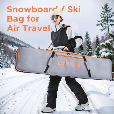 Чохол для сноуборду XCMAN для подорожей літаком – повністю м'який, водонепроникний, для сноуборду та черевиків (сірий, 158 см)