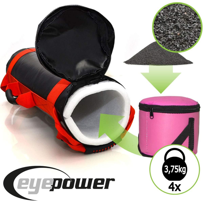 Фітнес мішок EYEPOWER 15 кг + 4 гирі, наповнений залізним піском, 6 ручок, для домашніх тренувань, тренажер для пресу та спини, чорний-червоний, 18x50 см