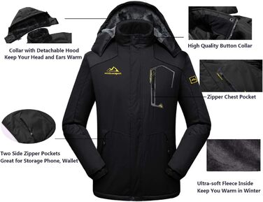 Чоловіча зимова куртка EKENTSON, водонепроникна, вітронепроникна, з підкладкою, для хайкінгу та активного відпочинку, з 4 кишенями (3XL, Чорний)