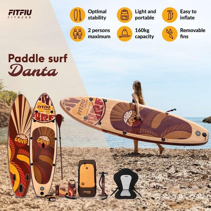 Надувна SUP-дошка FITFIU Fitness DANTA 320x81x15 см з комплектом: регульоване подвійне весло, насос, 3 плавники та аксесуари для сапбордингу