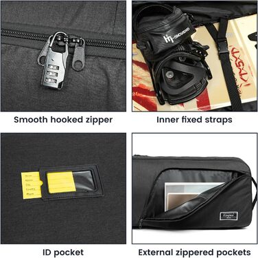 Чохол для сноуборда Kioqiear, посилений, з підкладкою, 165 см, чорний. Підходить для перевезення в літак, вміщує сноуборд, маску, рукавиці, черевики.