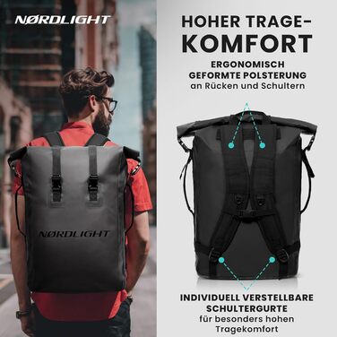 Водонепроникний рюкзак Nordlight Dry Bag 35л - Roll Top, з м'яким плечовим ременем, для водного спорту, велосипеда, кур'єра, трекінгу, риболовлі (Чорний, 35 л)