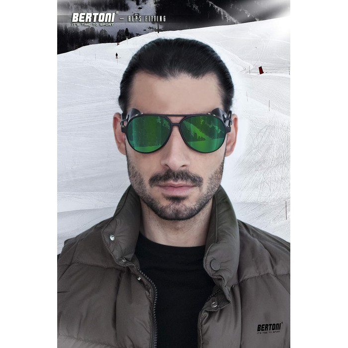 BERTONI Поляризовані окуляри для гір, льодовиків та спорту ALPS, чорні, дзеркальні зелені лінзи, Італія