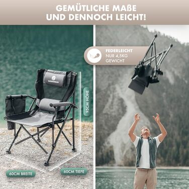 Складний туристичний стілець NaturBummler Cloud Sit+ сірий-чорний: для кемпінгу, риболовлі, відпочинку на природі. Макс. вага: 150 кг