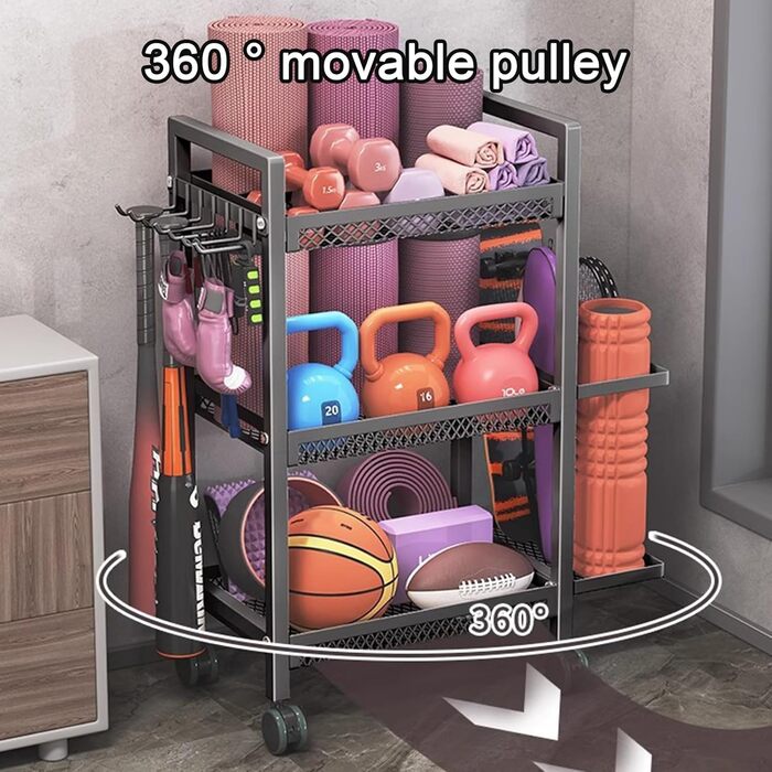 Стійка для гантелей на 3 яруси з роликами – органайзер для йогаматів та спортивного інвентарю, чорний. Підходить для дому та вулиці.