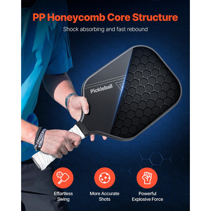 Pickleball-ракетка VEVOR з вуглецевим покриттям T700 та сотовою структурою, професійна ракетка для піклболу для дорослих, чорна