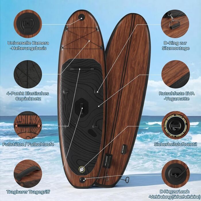 Надувний SUP-борд JUMMICO 320x80x15 см з каяком, веслом та аксесуарами до 160 кг - для серфінгу, риболовлі, йоги (Світле дерево)