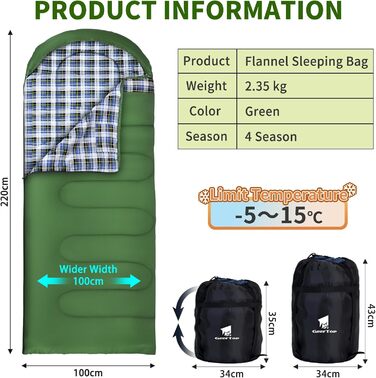 Спальний мішок GEERTOP XXL для всіх сезонів, 220x100 см, фланель, для дорослих, кемпінг, подорожі, піші прогулянки (зелений)
