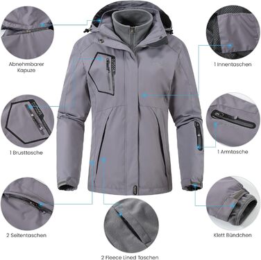 Жіноча куртка 3-в-1: вітро- та водовідштовхуюча, з флісовою підкладкою, тепла зимова куртка з капюшоном (сіра, XXL)