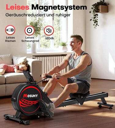 Гребний тренажер для дому з регулюванням опору 16/32 рівні, тихий магнітний, з LCD-дисплеєм, до 180 кг, чорний+червоний