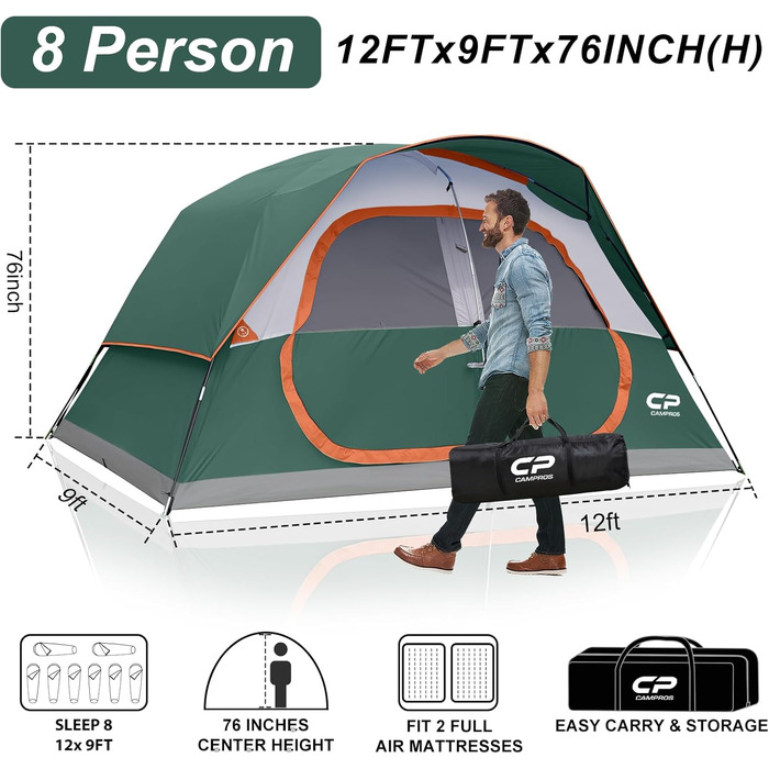 Намет сімейний CAMPROS Campingzelt 6-8 осіб, водонепроникний, 366x274x193 см, швидкозбірний, 4 сезони, з москітною сіткою та тамбуром, темно-зелений