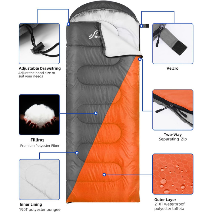Сплячий мішок Outdoor Sportneer для кемпінгу: 3-4 сезонний літній спальний мішок, зимовий, компактний, легкий, для дорослих, 220x75 см, оранжево-сірий