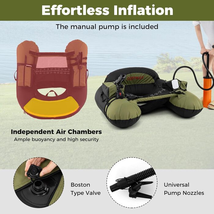 Надувний човен FANTASK для риболовлі з насосом, алюмінієвим веслом та ластами, регульованим утримувачем для вудки, статором для гачків, для дорослих, зелений